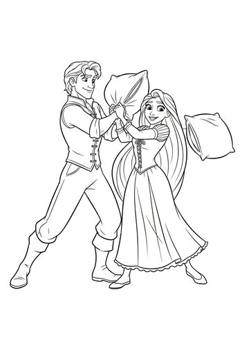 Flynn Rider And Rapunzel Having A Pillow Fight - Coloring Page