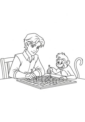 Flynn Rider Playing Checkers With A Mischievous Monkey - Coloring Page