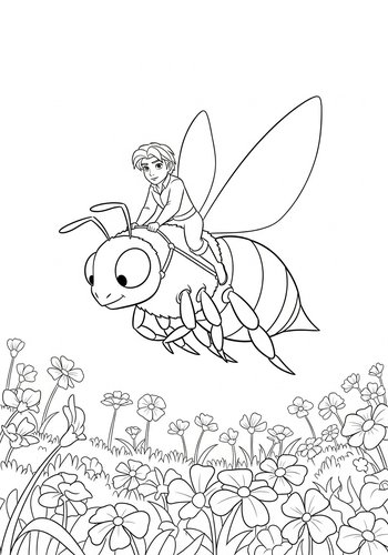 Flynn Rider Riding A Giant Bumblebee Through A Field Of Flowers - Coloring Page