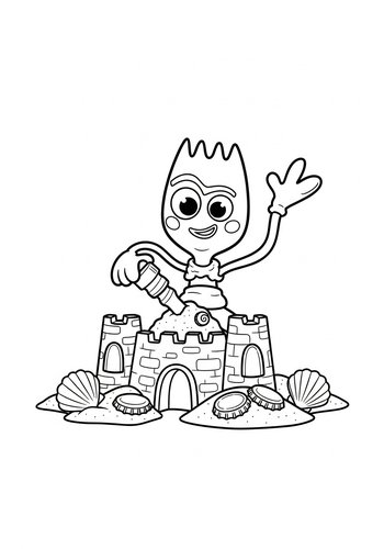 Coloring Page: Forky Building A Sandcastle With Seashells And Bottle Caps Coloring Page