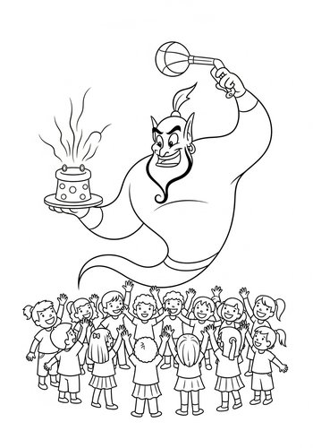 Coloring Page: Genie Performing Magic Tricks For A Group Of Cheering Children Coloring Page