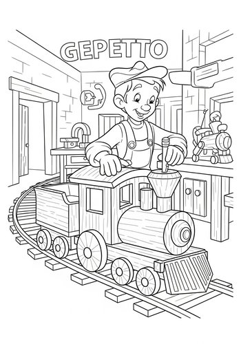 Gepetto Creating A Wooden Toy Train Coloring Page