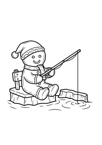 Gingerbread Man Fishing Coloring Page