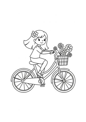 Girl Riding Bicycle With Flowers Coloring Page