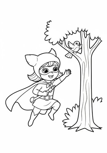 Goldilocks Dressed As A Superhero Rescuing A Bird From A Tree Coloring Page