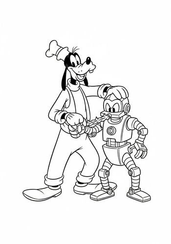 Goofy Building A Robot Companion Out Of Scrap Metal Coloring Page