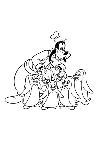 Goofy Playing Hide-and-seek With A Group Of Penguins Coloring Page