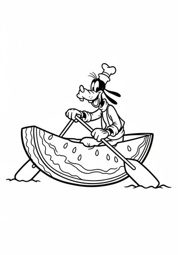 Coloring Page: Goofy Rowing A Watermelon Boat: Coloring Page Fun