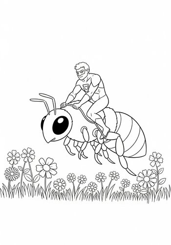 Green Lantern Riding A Giant Bumblebee Through A Field Of Flowers Coloring Page