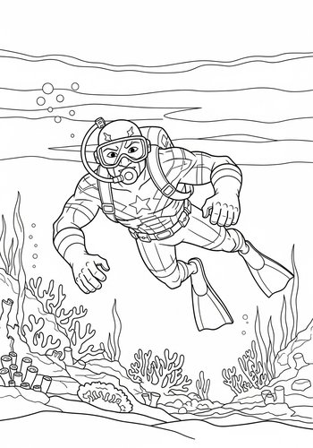 Coloring Page: Hawkeye Exploring A Coral Reef While Wearing Scuba Gear Coloring Page