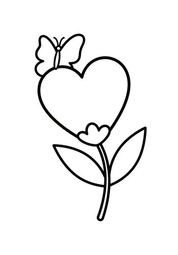 Heart Flower Coloring Page With Butterfly