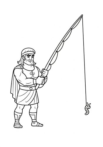 Hercules Fishing With A Giant Fishing Rod And A Tiny Worm Coloring Page