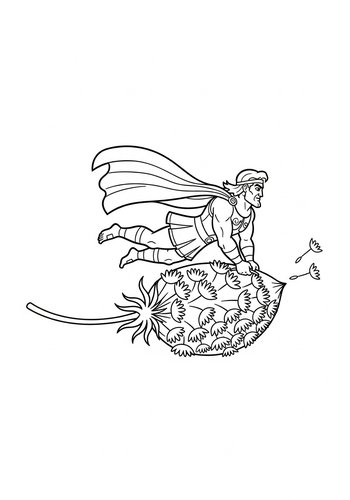 Hercules Flying Through The Air On A Giant Dandelion Seed - Coloring Page