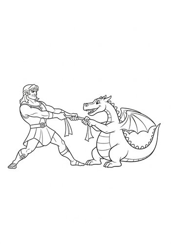 Hercules Playing Tug-of-war With A Friendly Dragon Coloring Page