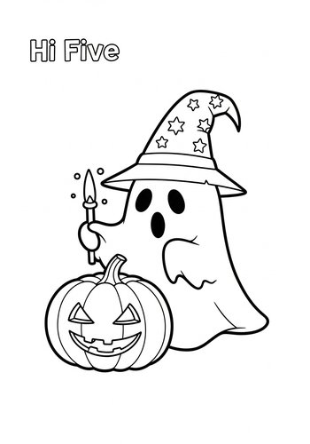 Hi-five Ghost Wearing A Wizard Hat Casting A Spell Coloring Page