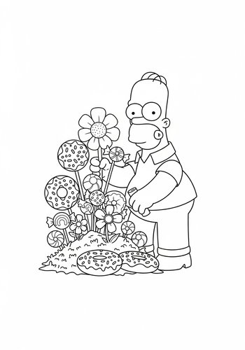 Coloring Page: Homer's Sweet Tooth: Coloring Page Of Homer Planting A Garden Of Donuts And Candy Flowers