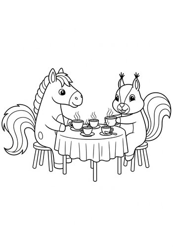 Horse And Squirrel Tea Party - Coloring Page