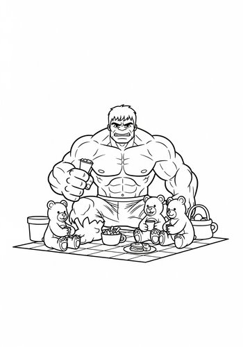 Hulk Having A Picnic With Friendly Bears: Coloring Page Fun