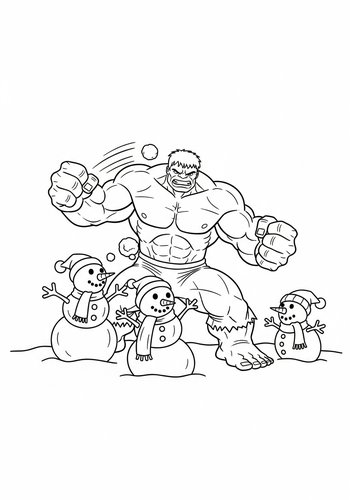 Hulk Having A Snowball Fight With Snowmen - Coloring Page