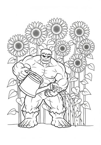 Hulk Watering Giant Sunflowers: Coloring Page Fun