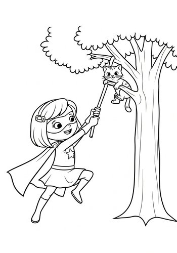 Imelda Dressed As A Superhero Rescuing A Kitten From A Tree Coloring Page