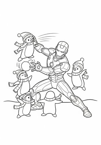Iron Man Having A Snowball Fight With Playful Penguins Coloring Page