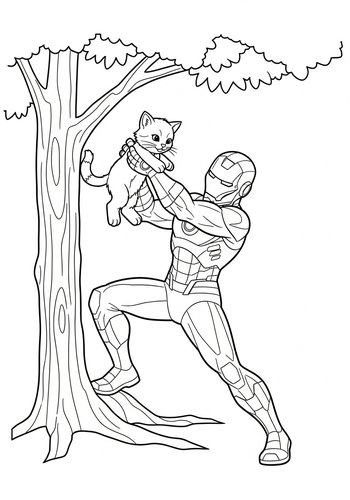 Iron Man Rescuing A Kitten From A Tree Coloring Page