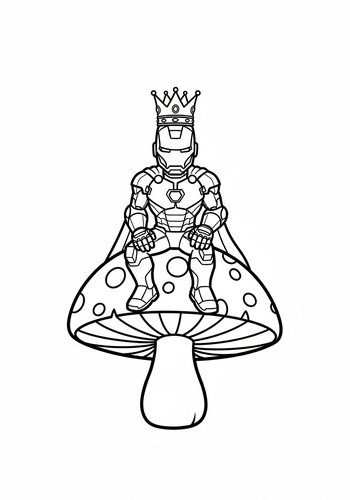 Iron Man Wearing A Crown And Sitting On A Giant Mushroom - Coloring Page