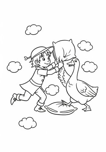 Coloring Page: Jack And The Goose Having A Pillow Fight With Cloud Pillows Coloring Page