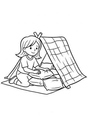 Jane Building A Fort Out Of Blankets And Pillows - Coloring Page Fun