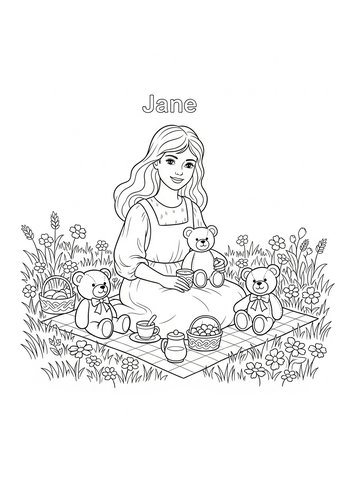 Jane Having A Picnic With Teddy Bears In A Field Of Wildflowers Coloring Page