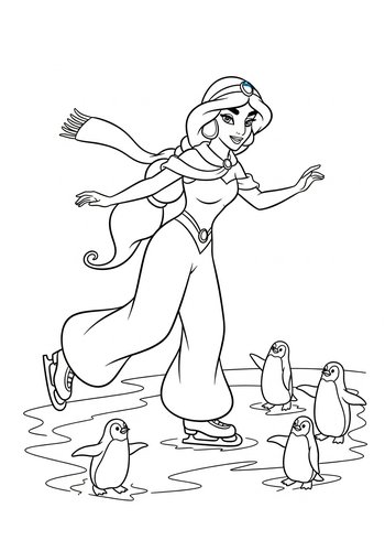 Jasmine Ice-skating Adventure: Coloring Page With Penguins