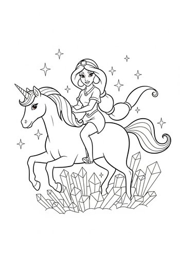 Coloring Page: Jasmine Riding A Unicorn Through A Field Of Sparkling Crystals Coloring Page