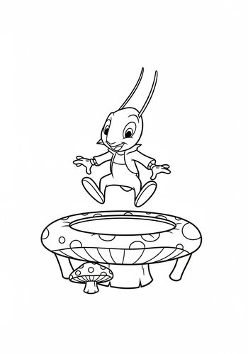 Coloring Page: Jiminy Cricket Bouncing On A Mushroom Trampoline: A Coloring Adventure