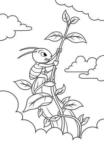 Coloring Page: Jiminy Cricket Climbing A Beanstalk Into The Clouds Coloring Page