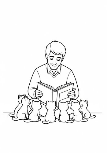 John Smith Reading A Storybook To A Group Of Attentive Kittens - Coloring Page
