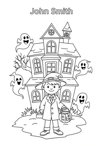 John Smith Trick-or-treating In A Haunted House With Friendly Ghosts Coloring Page