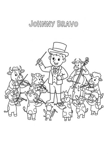 Johnny Bravo Conducting An Orchestra Of Farm Animals Coloring Page