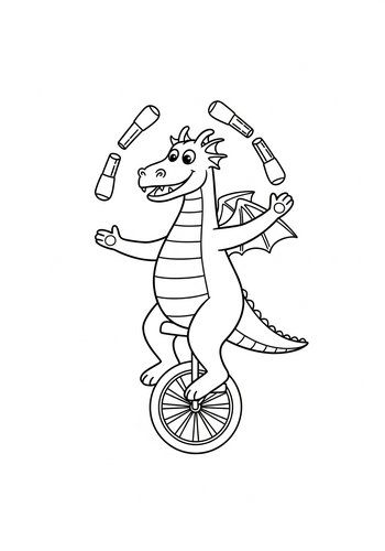 Juggling Dragon On A Unicycle Coloring Page