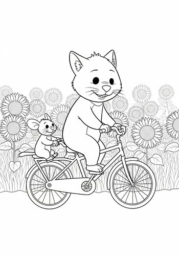 Coloring Page: Kanga Riding A Bicycle Built For Two With Roo Through A Field Of Sunflowers Coloring Page