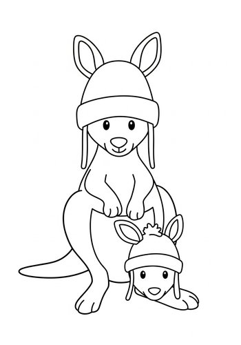 Kangaroo Family In Winter Hats Coloring Page