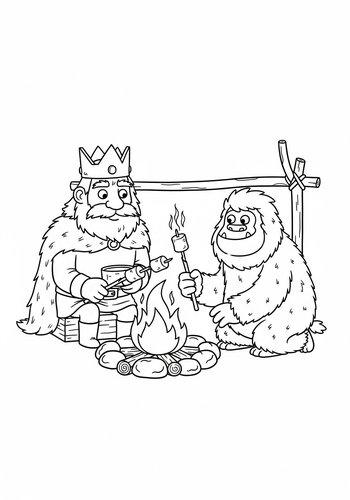King Fergus Building A Campfire And Roasting Marshmallows With A Yeti: Coloring Page