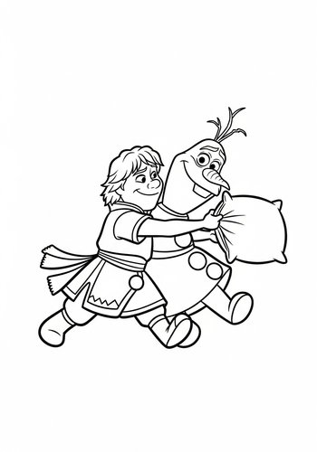 Kristoff And Olaf Having A Pillow Fight Coloring Page