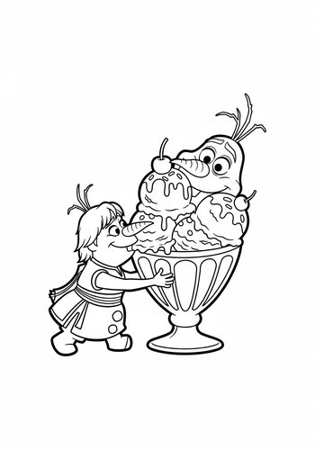 Coloring Page: Kristoff And Olaf Sharing A Giant Ice Cream Sundae - Coloring Page