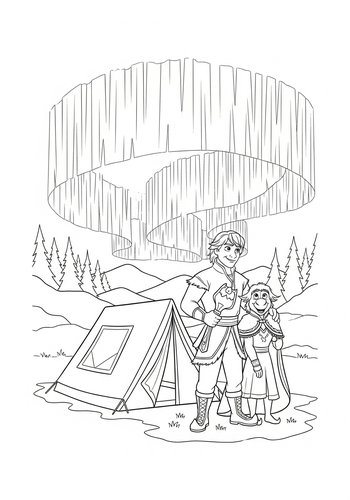 Kristoff And Sven Camping Under The Northern Lights Coloring Page
