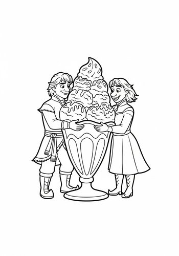 Coloring Page: Kristoff And Sven Sharing A Giant Ice Cream Sundae - Coloring Page Fun