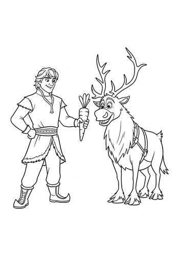Kristoff Giving Sven A Reindeer-sized Carrot: Coloring Page