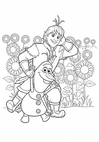 Kristoff Playing Hide-and-seek With Olaf In A Field Of Sunflowers - Coloring Page