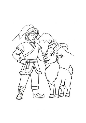 Kristoff Singing A Duet With A Friendly Mountain Goat: Coloring Page