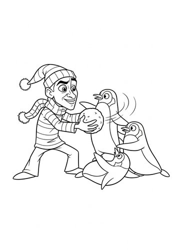 Coloring Page: Kuzco's Winter Fun: Snowball Fight With Penguins Coloring Page